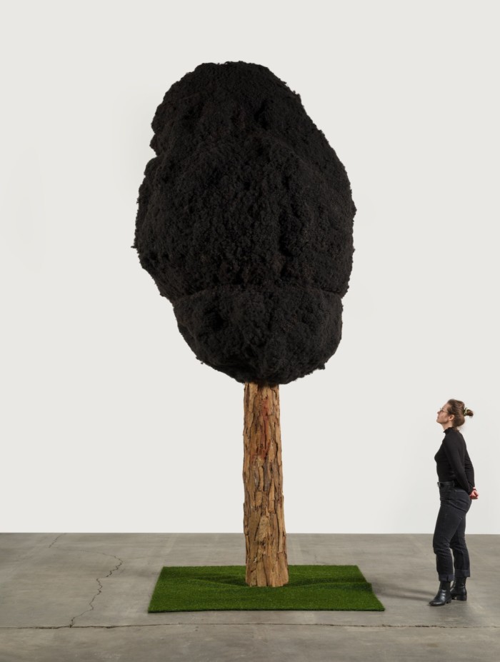 A woman stares up at a very tall sponge-like black tree in a gallery