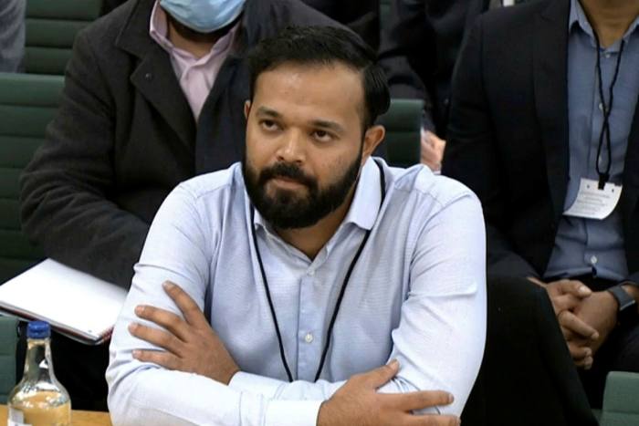 Former cricketer Azeem Rafiq gives evidence during a parliamentary hearing at the Digital, Culture, Media and Sport (DCMS) committee on sport governance at Portcullis House in London, Tuesday, Nov. 16, 2021