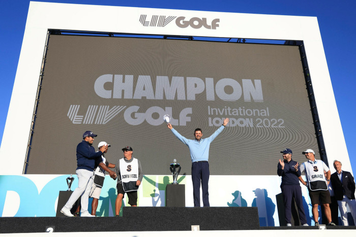 Charl Schwartzel of South Africa  after winning the LIV Golf Invitational 