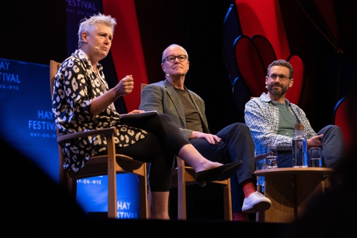 Kate Bingham, Patrick Vallance (both Aria Board members) and Ilan Gur, chief executive of Aria, on stage at the Hay Festival 29 May 2023