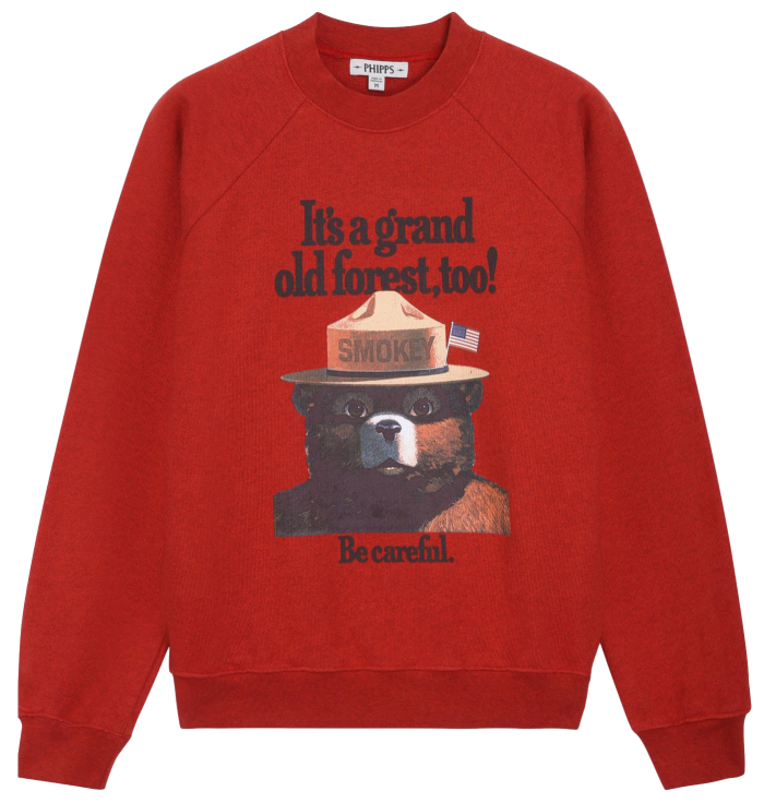 Phipps Smokey sweatshirt, €345. 10% of sales to USDA Forest Service