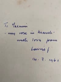 An inscription to Yasmin by Laurie Lee in his book, A Rose For Winter (1955)