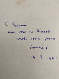 An inscription to Yasmin by Laurie Lee in his book, A Rose For Winter (1955)