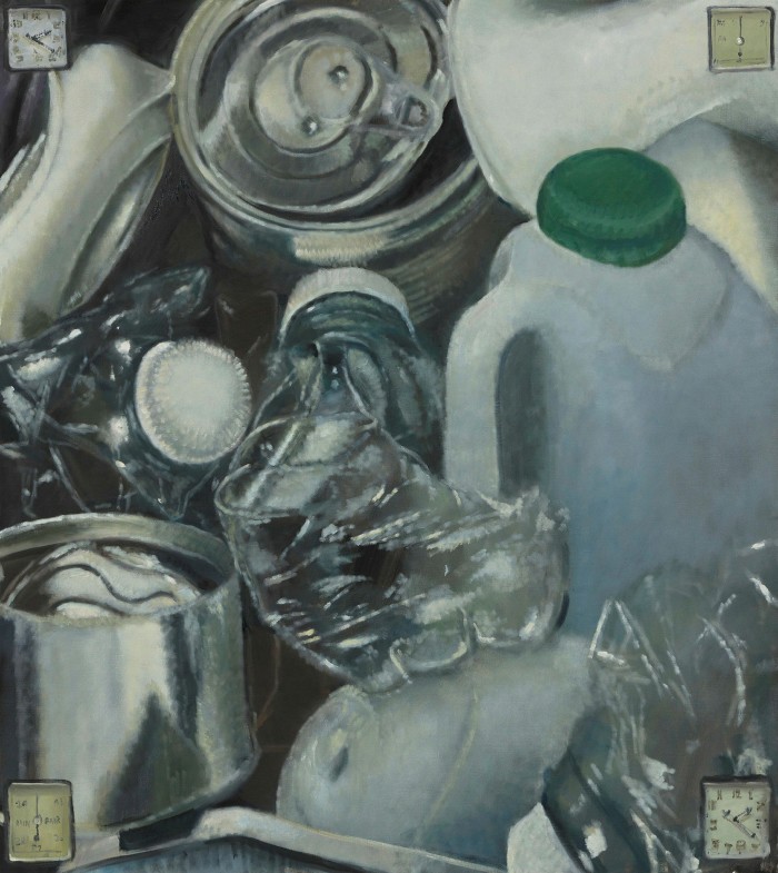 A painting of tin cans and empty plastic bottles