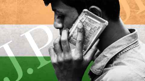 Montage of man using a mobile phone against a background of India’s flag