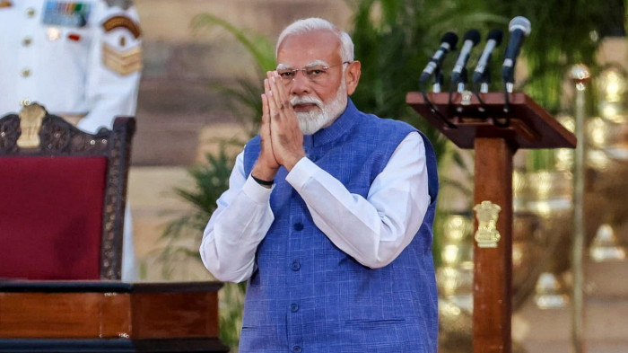 Narendra Modi arrives to take the oath as India’s prime pinister during the swearing-in ceremony at the presidential palace in New Delhi
