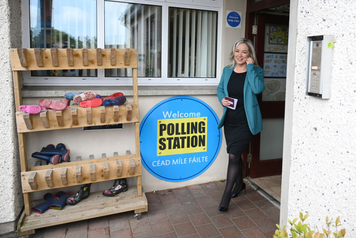 Northern Ireland first minister and Sinn Féin northern leader Michelle O’Neill casts her vote in Coalisland, County Tyrone
