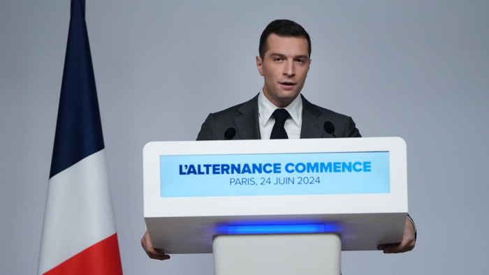Jordan Bardella, president of National Rally, speaks at a news conference in Paris