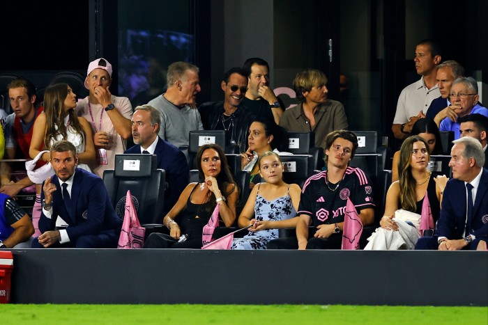 Victoria (second from left) with David, Harper and Cruz at an Inter Miami match in July 2023