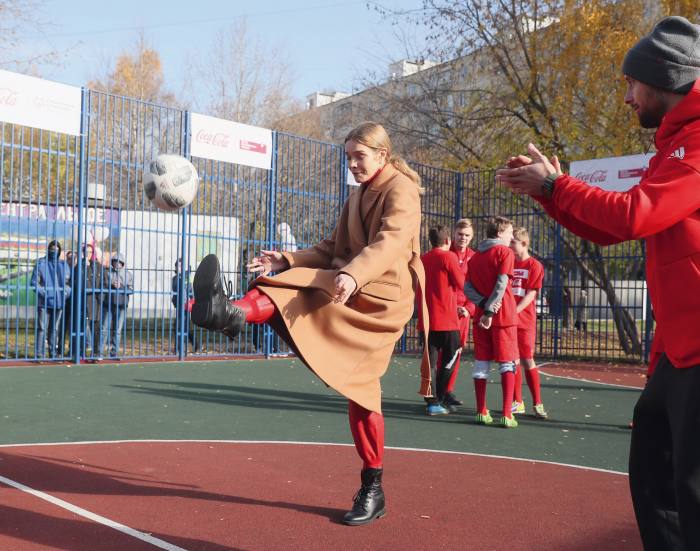 At a Moscow school, opening an inclusive playground created by her Naked Heart Foundation, 2019