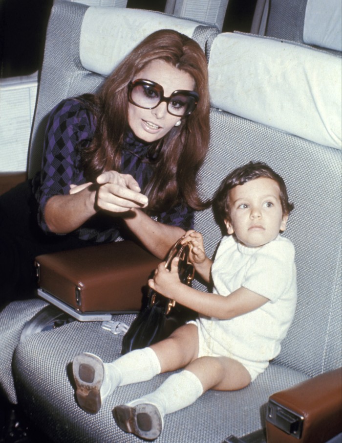 Sophia Loren with her son Carlo Ponti Jr at JFK airport in 1970