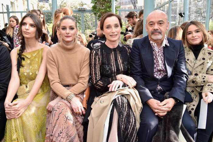 Louboutin with, from left, Emily Ratajkowski, Olivia Palermo, Kristin Scott Thomas and Miroslava Duma at Paris Fashion Week, 2017