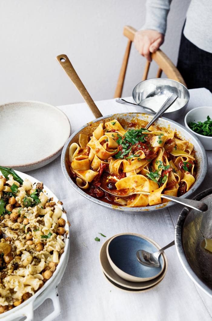 Yotam Ottolenghi’s pappardelle with rose harissa, black olives and capers
