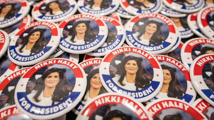 Buttons on a table before a speech by Nikki Haley in Portland, Maine, in March
