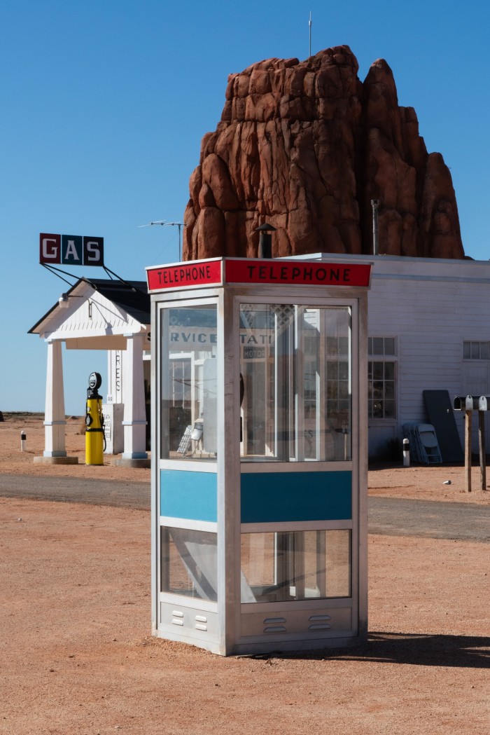 A phone booth on the set of Asteroid City on location in Chinchón, Spain
