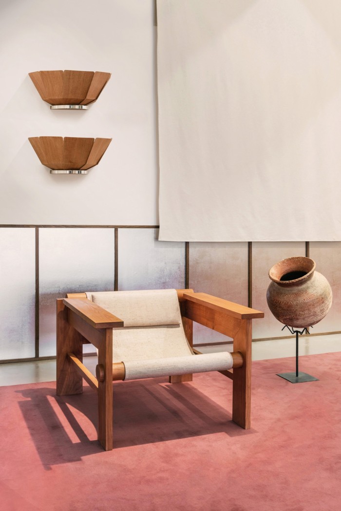 Studio Haos oak chair with linen canvas, and oak, nickel-plated aluminium and Japanese woven paper wall lamps, both POA