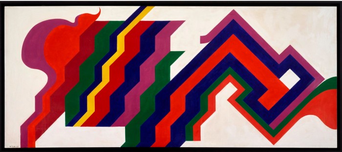In a horizontal painting, an abstract composition featuring curved and zigzag lines in red, green, blue, pink and yellow extends longitudinally across the frame