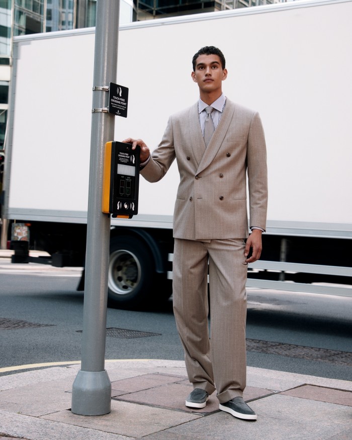 Giorgio Armani cashmere-mix Heritage blazer, £2,900, matching trousers, £1,900, cotton shirt, £590, and silk tie, £155