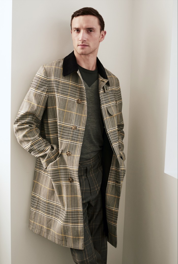 Wool coat, £1,425, cotton jumper, £395, and cotton trousers, £380