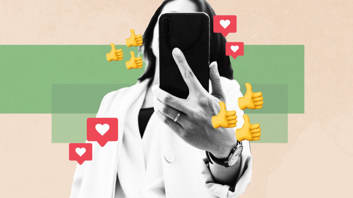 A woman takes a selfie with animated hearts and thumbs up floating around her