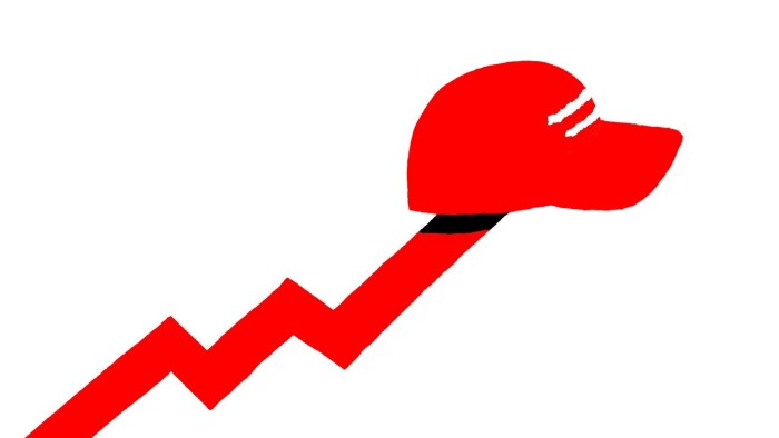 Illustration of a red graph line zigzagging higher with a MAGA hat on the end of it