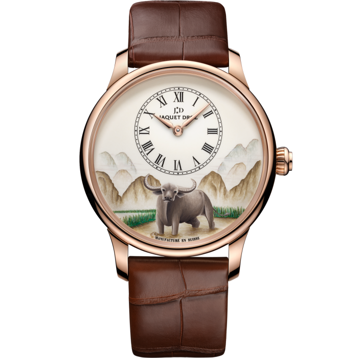 Jaquet Droz Ateliers d’Art collection Petite Heure Minute Buffalo: ivory Grand Feu enamel dial with miniature painting in 18ct red-gold case, £33,050. Limited edition of eight