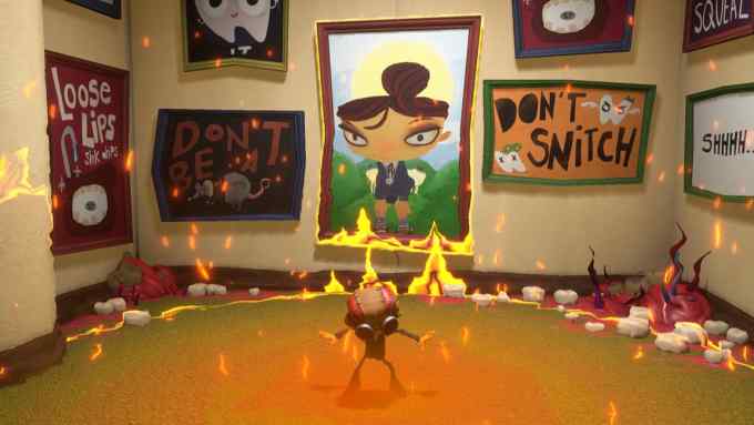 A small humanoid character stands in a room with slogan-posters saying things like ‘Shhhh’ and ‘Don’t Snitch’