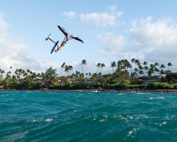 Champion water athlete Annie Reickert wing-foiling off Maui, Hawaii