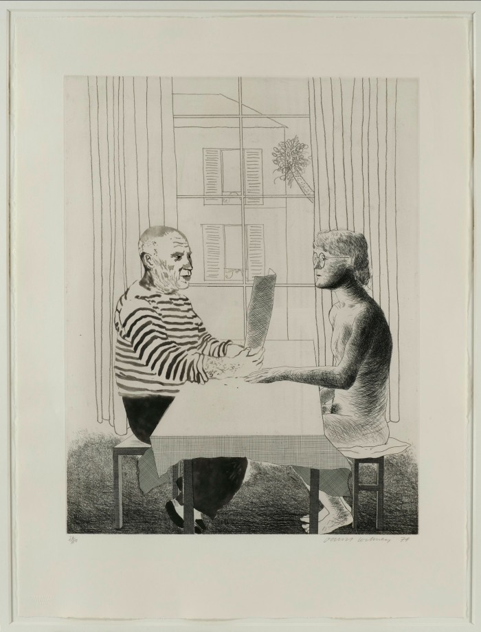 Etching of a naked young man sitting opposite an older man in a striped top