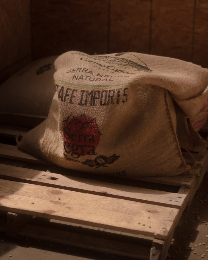 A sack of green Brazilian coffee at Vancouver’s Pallet roastery