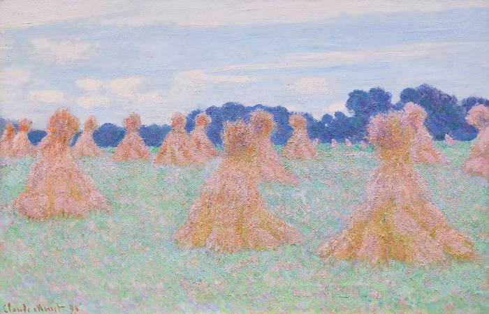 Blurry oil painting of some orange-pink haystacks which looks like women in big skirts dancing on a pale green field