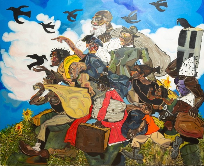In a painting, a group of people carrying several pieces of luggage are shown walking on a flowery hill as birds fly over their heads.