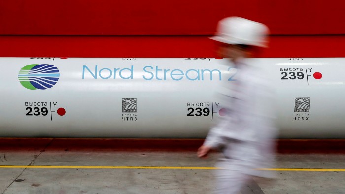 The logo of the Nord Stream 2 gas pipeline project in a plant in Chelyabinsk, Russia