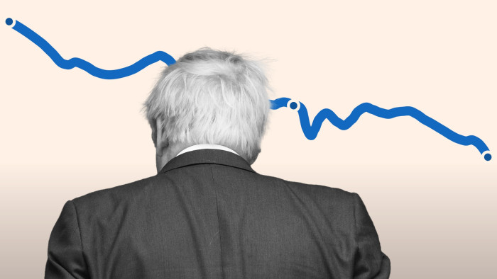 A composite of a rear view of Boris Johnson against a chart line of declining Tory poll numbers