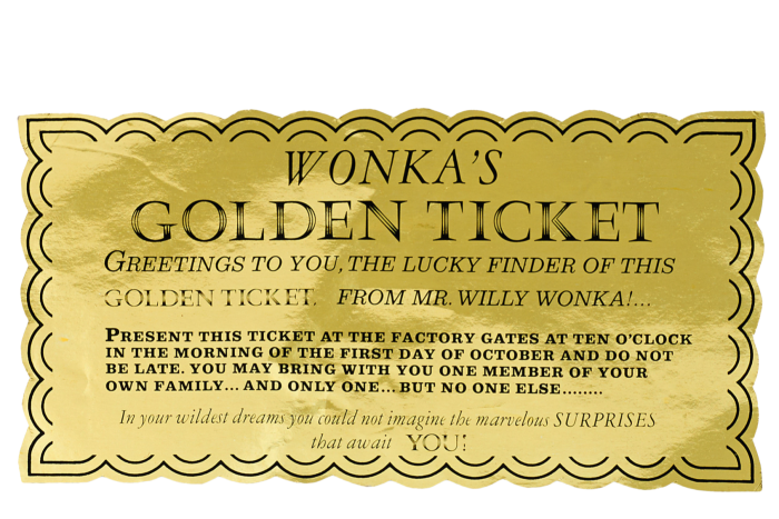 A golden ticket from (left) Willy Wonka and the Chocolate Factory, 1971, sold for $35,000 at Bonhams in 2015