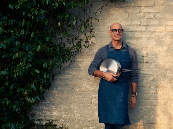 Stanley Tucci with one of his new Greenpan cooking dishes