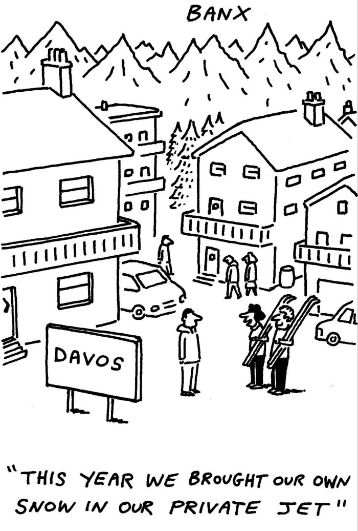 Cartoon showing ski resort guests in Davos