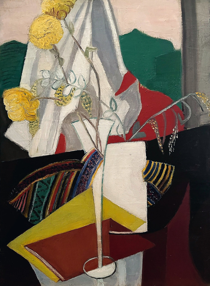 An abstract-ish painting of three yellow flowers in a slim vase