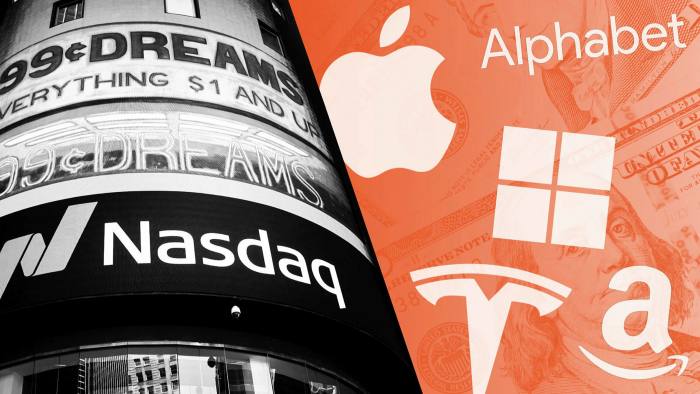 The Nasdaq MarketSite and logos of Alphabet, Apple, Microsoft, Tesla and Amazon