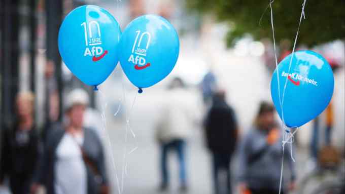 Balloons showing support for AfD during a campaign for local elections in Nordhausen, central Germany, last month