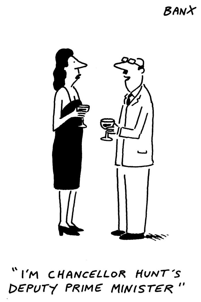 Cartoon of a man and woman wearing formal clothes, talking and each holding a wine glass