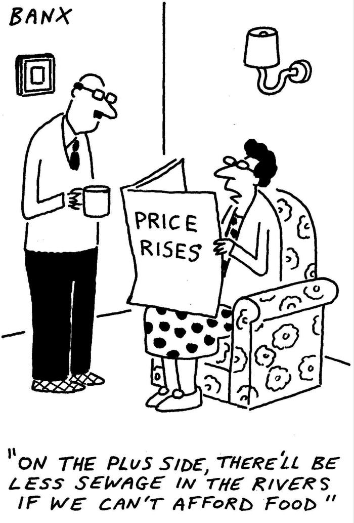 Cartoon showing a man talking to a woman on a chair reading a newspaper that says: PRICE RISES