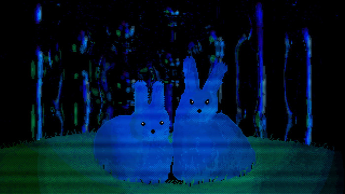 An image from a video game shows a dark environment in which sit two blue rabbits