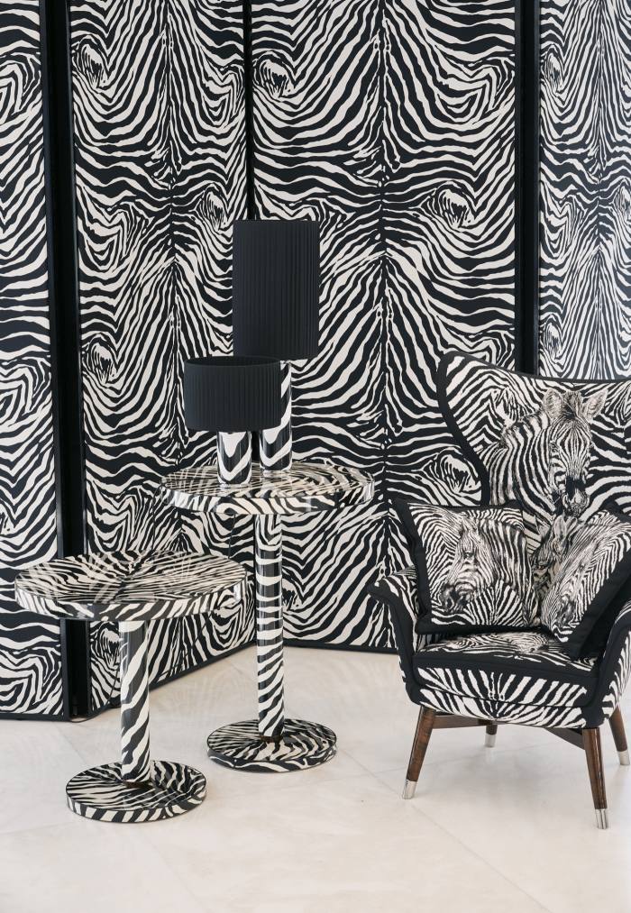 Zebra Atena tables, armchair and lamps, all POA