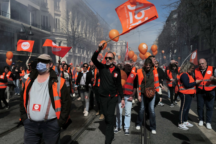 CFDT unionists on a march in Nice last year as part of a protest against the reforms to France’s pension system that were driven through by Macron’s government  