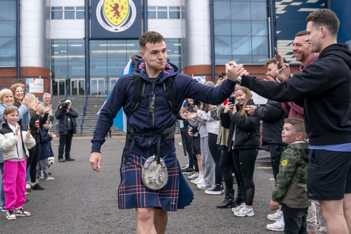 Craig Ferguson beginning his 1,000 mile walk from Scotland’s national football stadium Hampden Park, in Glasgow, to Munich on May 4