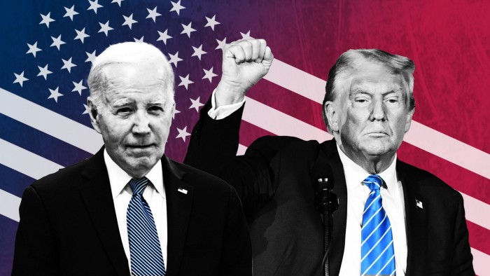A montage of Joe Biden and Donlad Trump with an American flag in the background 