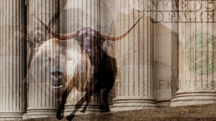 Montage of bulls, bears, dollar bills and pillars of an ornate building