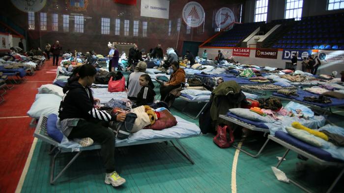 A temporary accommodation centre where evacuees, including residents from the Ukrainian city of Mariupol, take shelter at a former sports hall in Taganrog in the Rostov region, Russia on March 21 2022