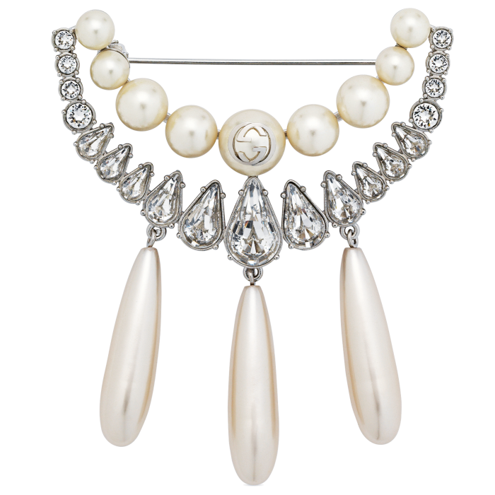 Gucci metal, crystal and G-resin pearl interlocking brooch, £510